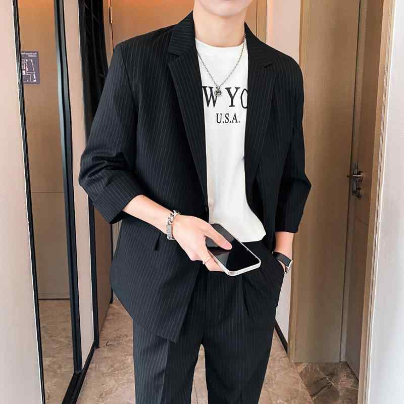 スーツ セットアップ メンズ イージーケア ゆったり 2点セット 七分袖 ストライプ 春夏 カジュアル 韓国風 ポリエステル素材 ライトグレー