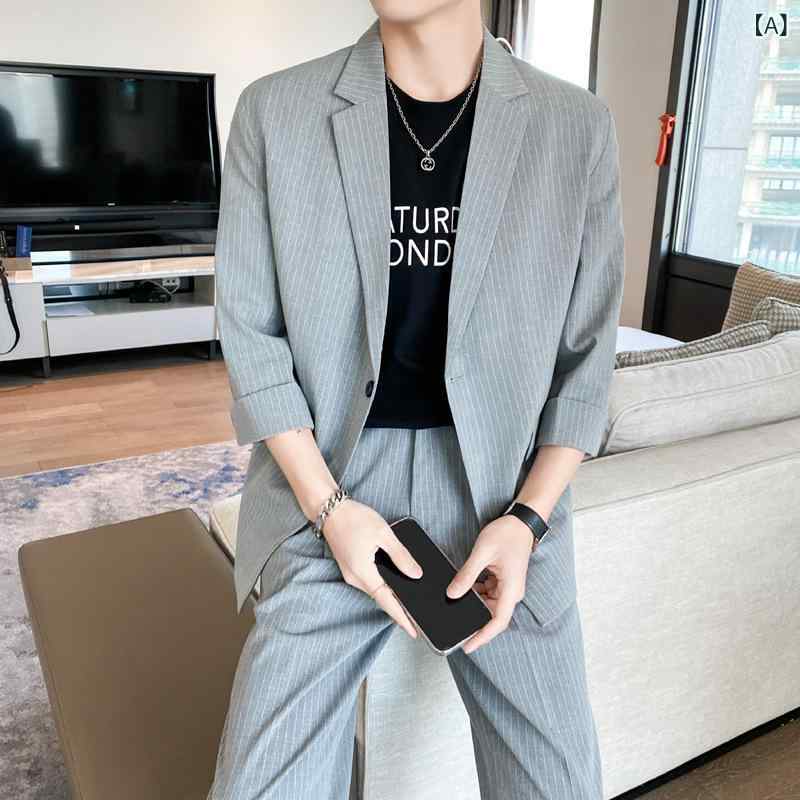スーツ セットアップ メンズ イージーケア ゆったり 2点セット 七分袖 ストライプ 春夏 カジュアル 韓国風 ポリエステル素材 ライトグレー