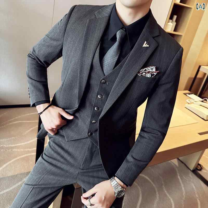 スーツ メンズ ブラウン シャドーストライプ 高級感 オールシーズン スリーピース セットアップ ビジネス フォーマル 防シワ 結婚式 パーティー スリムフィット