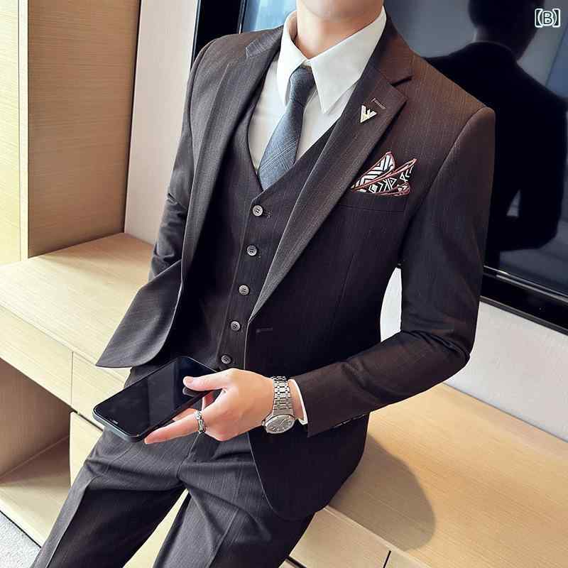 スーツ メンズ ブラウン シャドーストライプ 高級感 オールシーズン スリーピース セットアップ ビジネス フォーマル 防シワ 結婚式 パーティー スリムフィット