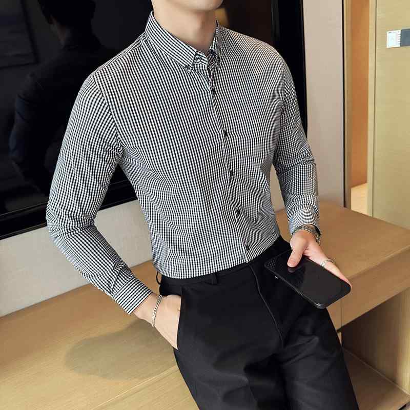 シャツ メンズ チェック柄 長袖 スリムフィット 形態安定 綿混紡 高級感 韓国ファッション トレンド カジュアル 上質 ビジネス オールシーズン