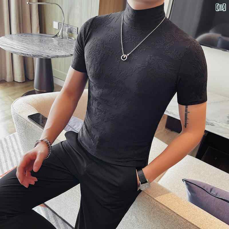 Tシャツ メンズ 春夏 モックネック ハイネック 韓国風 スリムフィット 無地 半袖 インナー カットソー ポリエステル混紡 通気性 普段使い カジュアル