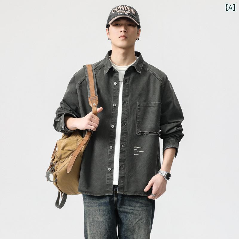 デニムシャツ メンズ アメリカン レトロ ヘビーウェイト 綿100% ルーズフィット 長袖 多ポケット ワークスタイル アウター 耐久性 春秋 シワになりにくい