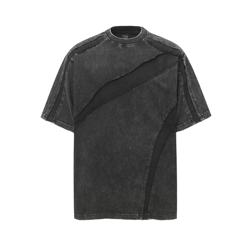 Tシャツ メンズ 吸湿速乾 通気性 半袖 ドロップショルダー アメリカンレトロ ウォッシュ加工 切り替え 変形 再構築 切りっぱなしデザイン ゆったり ルーズフィット 綿100%