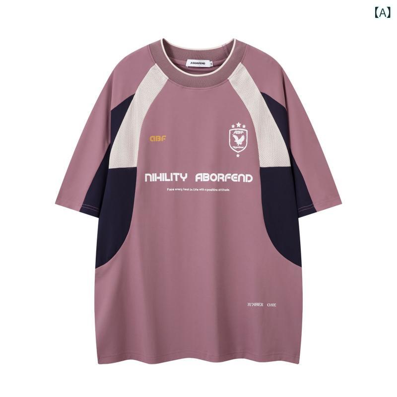 Tシャツ メンズ ユニセックス 接触冷感 吸汗速乾 防シワ ゆったり ルーズフィット アメリカンスポーツスタイル バイクデザイン 半袖 丸首 切り替え ドロップショルダー 夏