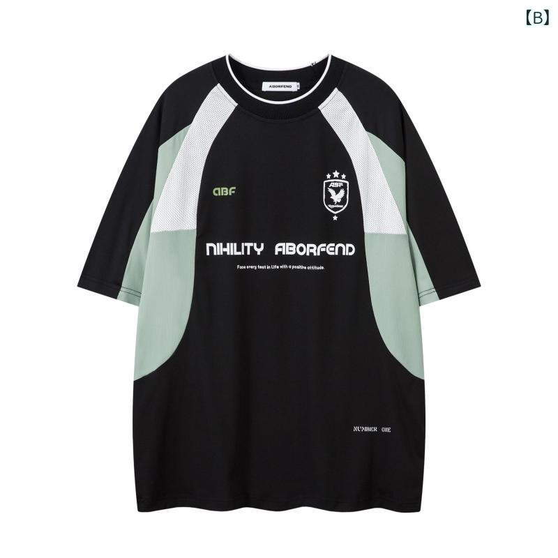 Tシャツ メンズ ユニセックス 接触冷感 吸汗速乾 防シワ ゆったり ルーズフィット アメリカンスポーツスタイル バイクデザイン 半袖 丸首 切り替え ドロップショルダー 夏