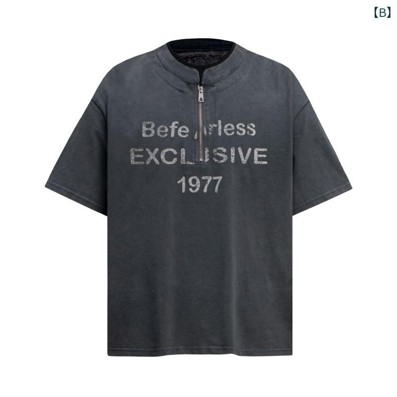 Tシャツ メンズ ハーフジップ フェイクレイヤード ヘビーウェイト ウォッシュ加工 吸湿速乾 透湿 ルーズフィット ドロップショルダー ロゴ コットン 半袖 春夏 カジュアル