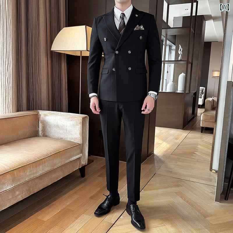 スーツ メンズ 形態安定 防シワ ダブルブレスト ピークドラペル スリムフィット ストライプ柄 ビジネス フォーマル 結婚式 披露宴 パーティー 宴会 通勤 ジャケット