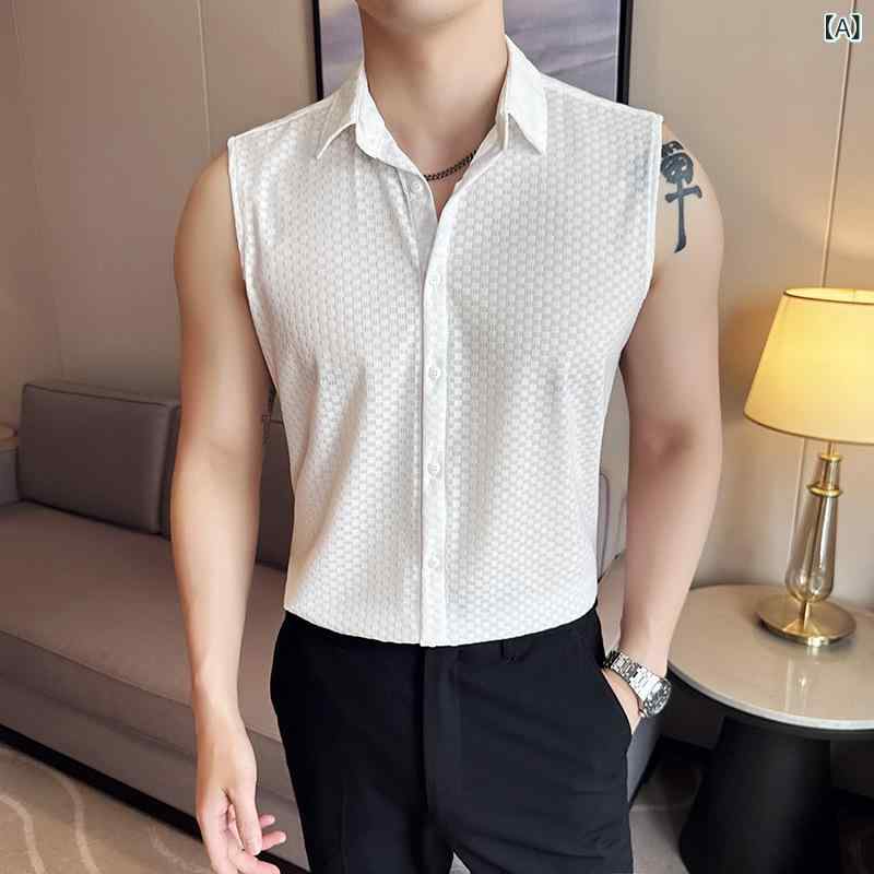 シャツ メンズ レース ノースリーブ スリムフィット カットアウト 薄手 ポリエステル ウォッシャブル 襟付き 韓国ファッション カジュアル 春夏