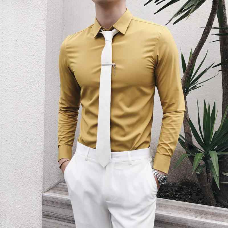 シャツ メンズ 形態安定 長袖 スリムフィット 韓国風 無地 きれいめ カジュアル ビジネス オフィス 通勤 通学 春秋