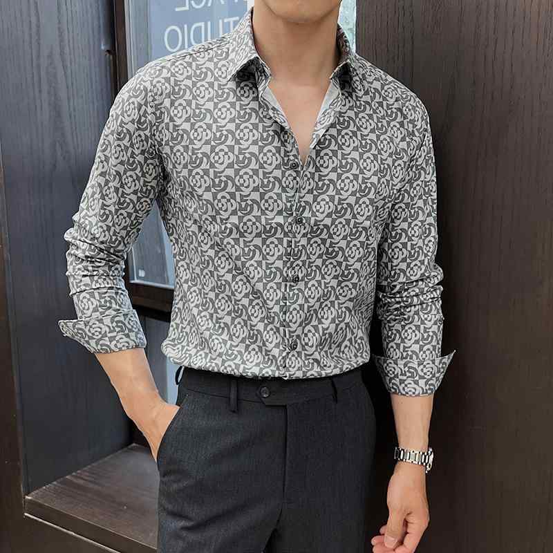 シャツ メンズ 長袖 小花柄 スリムフィット 形態安定 ノーアイロン 洗濯機対応 ポリエステル 韓国風 レ..