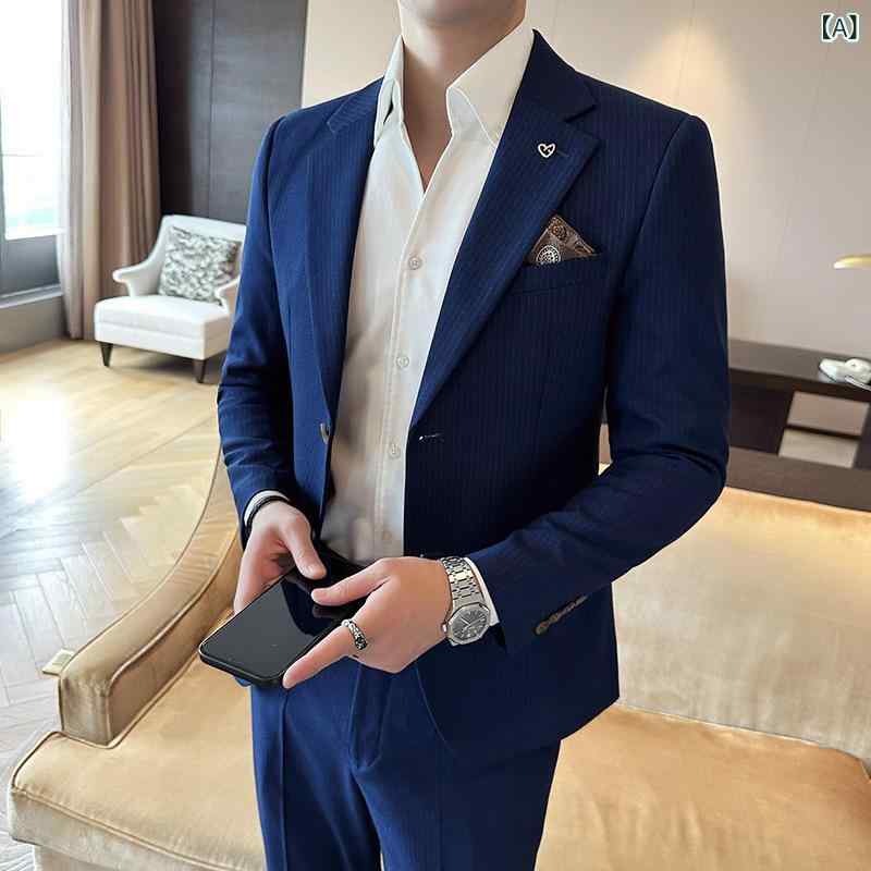スーツ メンズ セットアップ ビジネス 結婚式 フォーマル ノーアイロン スリムフィット ストライプ柄 2点セット オールシーズン 通勤 オフィス カジュアルスタイル