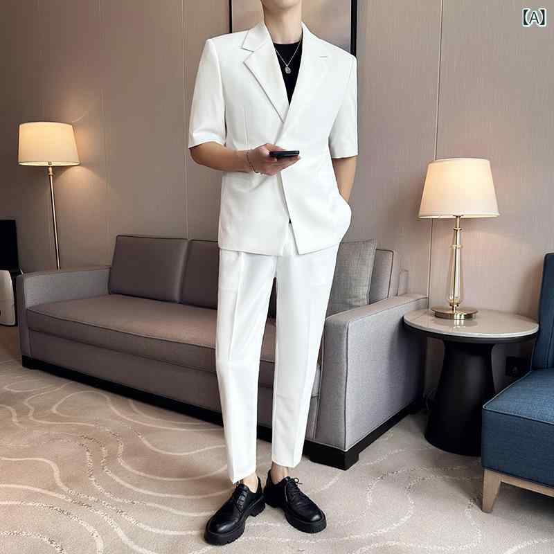 カジュアルセットアップ メンズ 春夏 薄手 軽量 ゆったり ルーズフィット 五分袖 テーラードジャケット パンツ 2点セット 形態安定 イージーケア 無地 韓国風 普段使い 通勤 オフィス サイドスリット