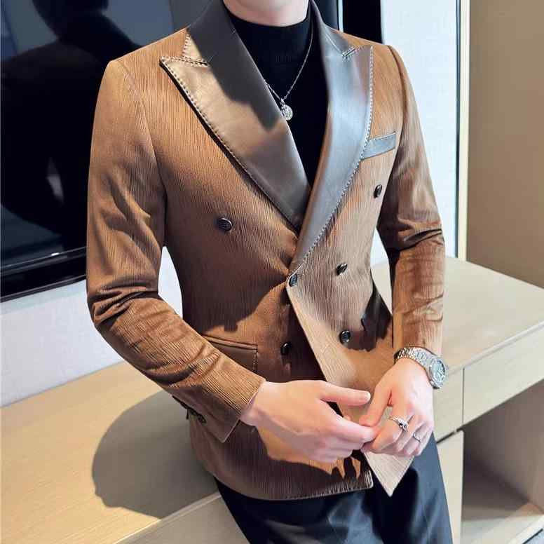 テーラードジャケット メンズ ダブルブレスト 形態安定 スリムフィット フェイクレザー 切り替え ポリエステル混紡 韓国風 ピークドラペル 秋冬 ビジネス カジュアル 黒 珈琲色