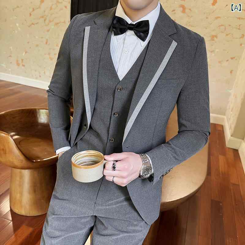 スーツ メンズ スリーピース ワンボタン スリムフィット アイロン不要 シワになりにくい 通勤 ビジネス スマートカジュアル 切り替え配色襟 ポリエステル混紡 秋冬