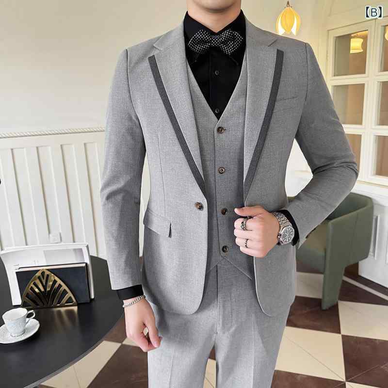 スーツ メンズ スリーピース ワンボタン スリムフィット アイロン不要 シワになりにくい 通勤 ビジネス スマートカジュアル 切り替え配色襟 ポリエステル混紡 秋冬