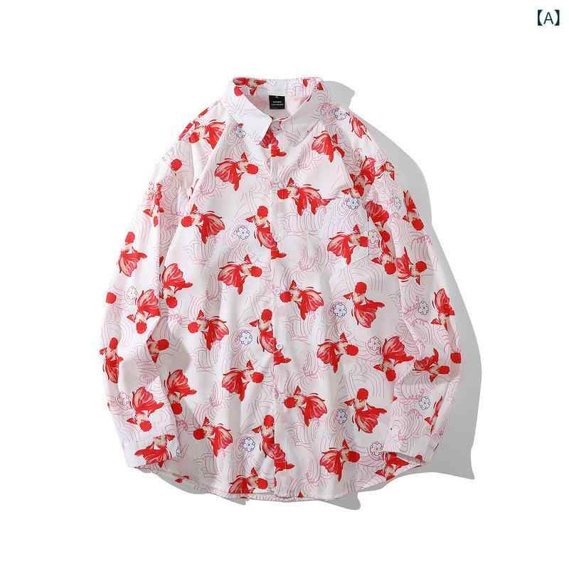 シャツ メンズ 総柄 アロハシャツ 開襟 レトロ ゆったり ルーズフィット 長袖 カジュアル ストリート ヒップホップ 香港スタイル BFスタイル ポリエステル 春秋