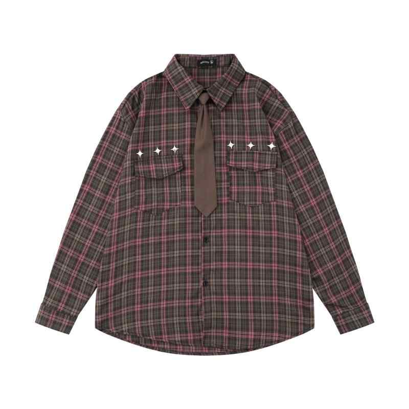 シャツ 男女兼用 シワになりにくい ポリエステル素材 長袖 ゆったり オーバーサイズ チェック柄 レトロ ヴィンテージ カジュアル デイリーユース アカデミック プレッピー カップル ペアルック 着回し ライトアウター 春秋