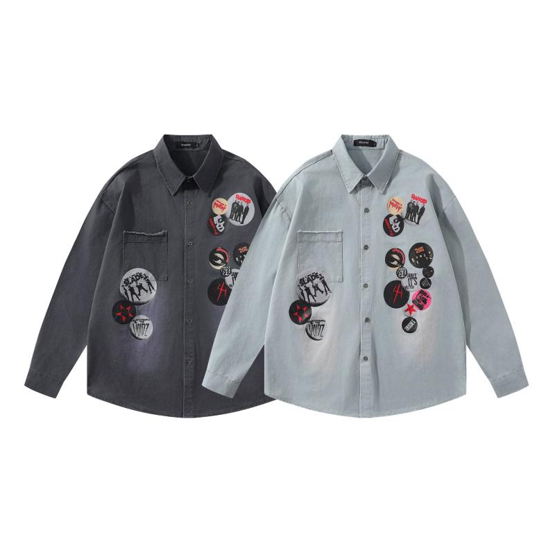 シャツ メンズ 長袖 ゆったり カジュアル 英字柄 香港スタイル レトロ 個性的 ルーズフィット 男女兼用..