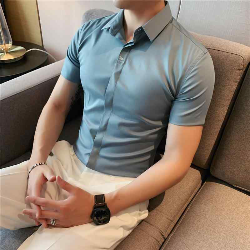 シャツ メンズ 半袖 薄手 スリムフィット 刺繍 ビジネス 形態安定 比翼仕立て 隠しボタン 無地 ポリエ..