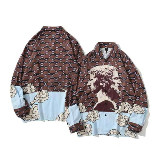 シャツ 男女兼用 カップル ビッグシルエット 長袖 ゆったり 花柄 総柄 日系 レトロ カジュアル ストリート 香港風 古着風 個性的 形態安定 ポリエステル混紡 秋