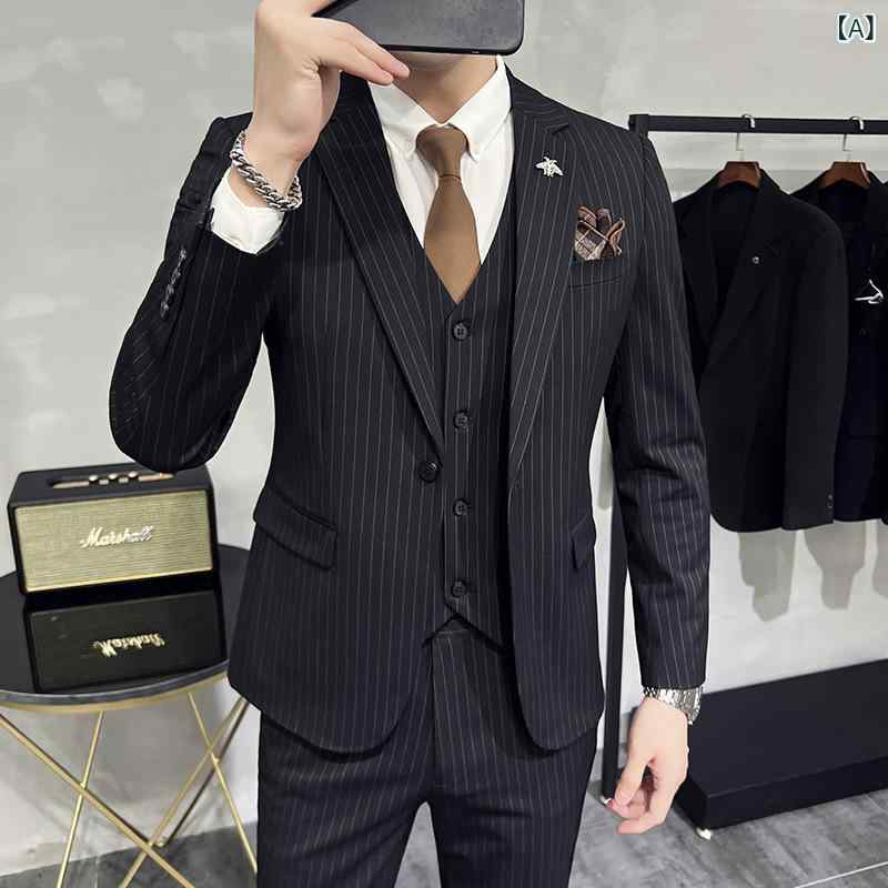 形態安定 スリムフィット スーツ メンズ ストライプ柄 セットアップ ビジネス フォーマル 結婚式 新郎 通勤用 オールシーズン ブラック グレー ネイビー ポリエステル混紡 シングルボタン