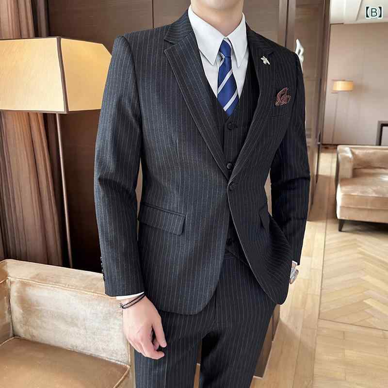 形態安定 スリムフィット スーツ メンズ ストライプ柄 セットアップ ビジネス フォーマル 結婚式 新郎 通勤用 オールシーズン ブラック グレー ネイビー ポリエステル混紡 シングルボタン