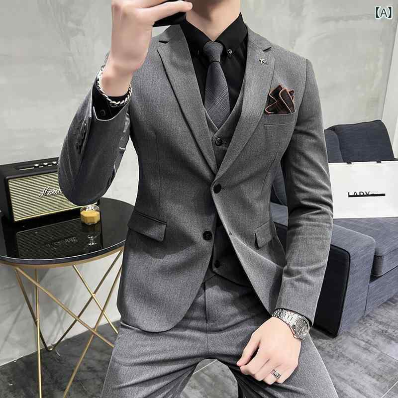 スーツ メンズ カジュアル ビジネス スリムフィット シングルブレスト スリーピース シワになりにくい ポリエステル混紡 結婚式 新郎 フォーマル オールシーズン セットアップ