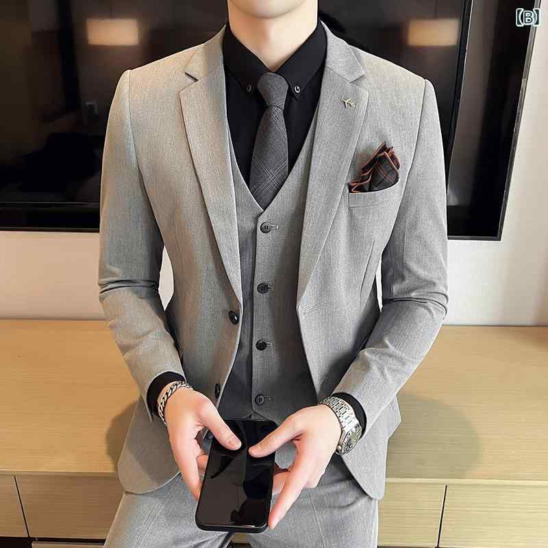 スーツ メンズ カジュアル ビジネス スリムフィット シングルブレスト スリーピース シワになりにくい ポリエステル混紡 結婚式 新郎 フォーマル オールシーズン セットアップ