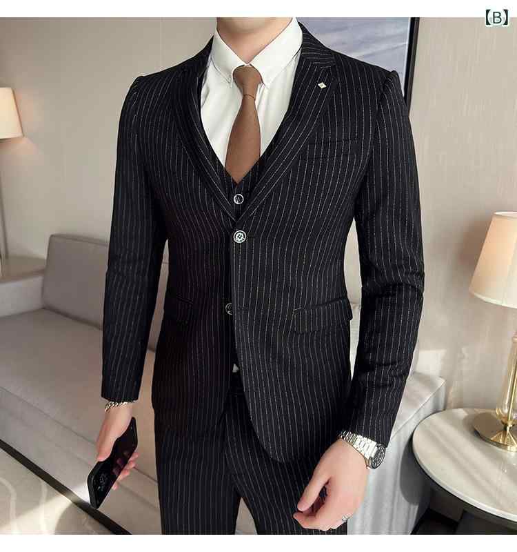 スーツ メンズ 形態安定 スリーピース ビジネス カジュアル フォーマル パーティー ストライプ ネイビー スリムフィット オールシーズン