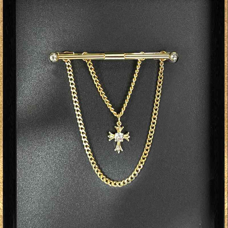 ブローチ ユニセックス 多機能 2way クロス チェーン タッセル 八芒星 襟元クリップ ラペルピン シャツ スーツ ジャケット フォーマル 高級感 銅製 18K ジルコニア 電気メッキ加工 アンティーク調(x2)(4)