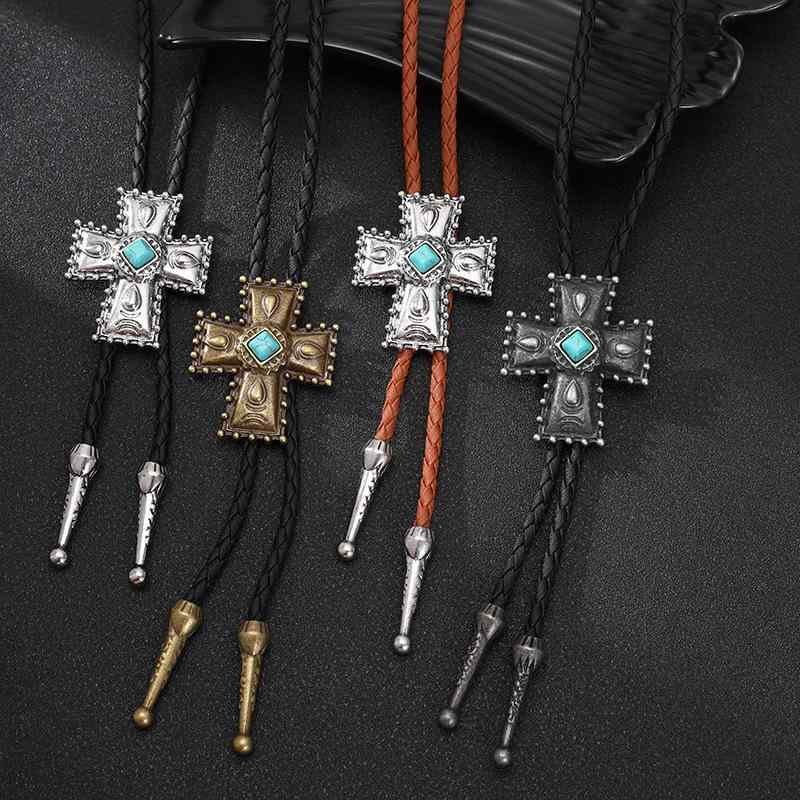 ネックレス 男女兼用 パンク ボロタイ 欧米風 レトロ ヴィンテージ クロス ターコイズ 合金 レザーコード セーターネックレス 手作り ペンダント おしゃれ(x2)