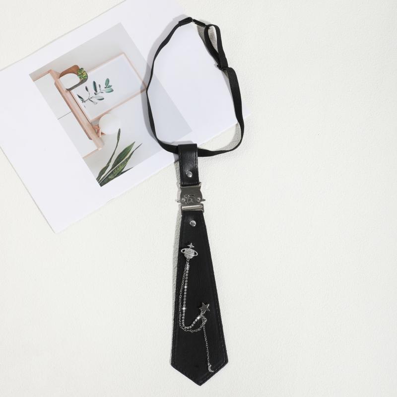 ネクタイ レディース 結び目不要 フェイクレザー ラインストーン チェーン プラネット スターモチーフ ヒップホップ パンク JKスタイル 個性派デザイン