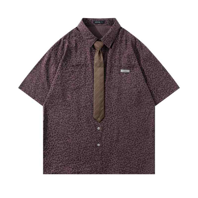 シャツ メンズ 吸汗速乾 防シワ ヒョウ柄プリント 半袖 タイシャツ アメリカンカレッジ風 レトロ ストリート カジュアル ユニセックス 春夏 ポリエステル ゆったり オーバーサイズ