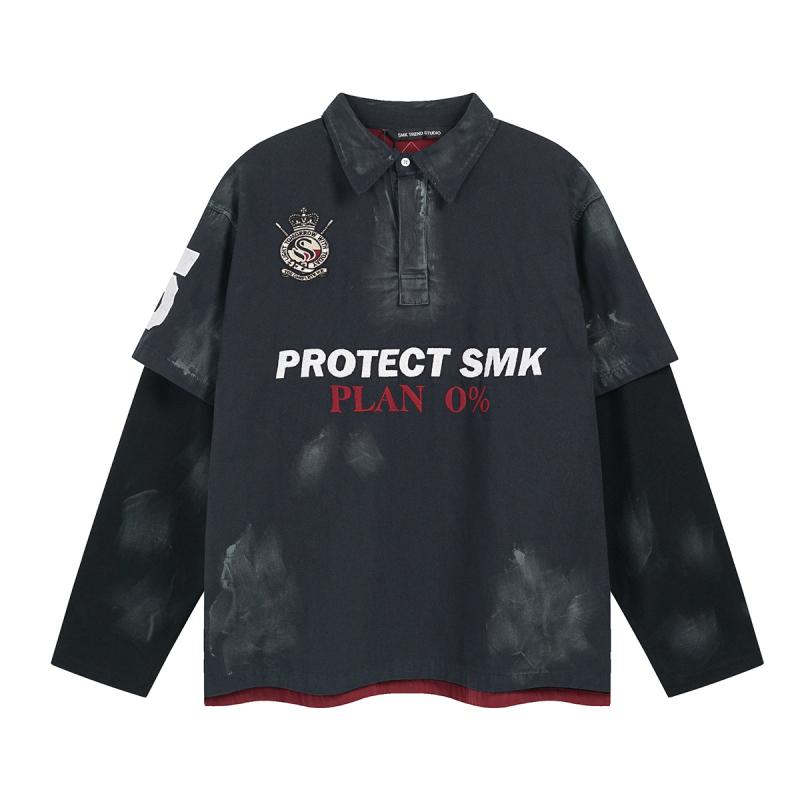 スウェット メンズ フェイクレイヤード ポロ襟 厚手刺繍 古着風 アメリカン ベースボールシャツ 秋冬 コットン プルオーバー オーバーサイズ ビッグシルエット 英字ロゴ ワッペン 切り替え(4)