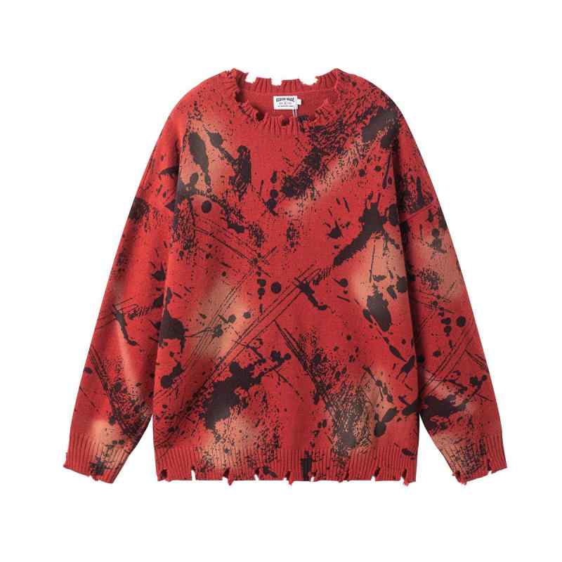セーター メンズ ゆったり オーバーサイズ アメリカンレトロ 潑墨デザイン ダメージ加工 個性的 厚手 通気性 伸縮性 プルオーバー 丸首 長袖 ストリート系 カジュアル 秋冬