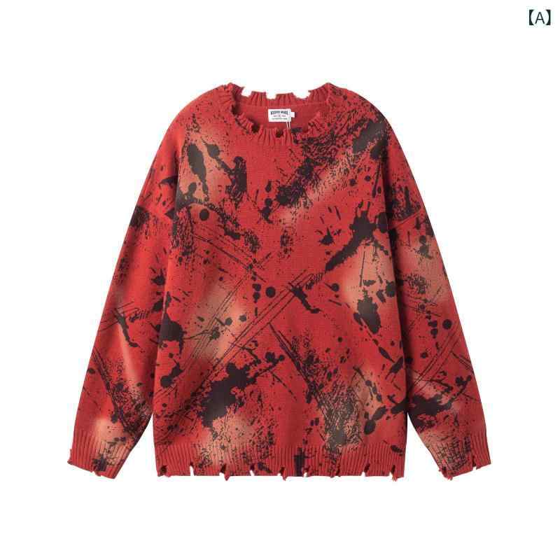 セーター メンズ ゆったり オーバーサイズ アメリカンレトロ 潑墨デザイン ダメージ加工 個性的 厚手 通気性 伸縮性 プルオーバー 丸首 長袖 ストリート系 カジュアル 秋冬