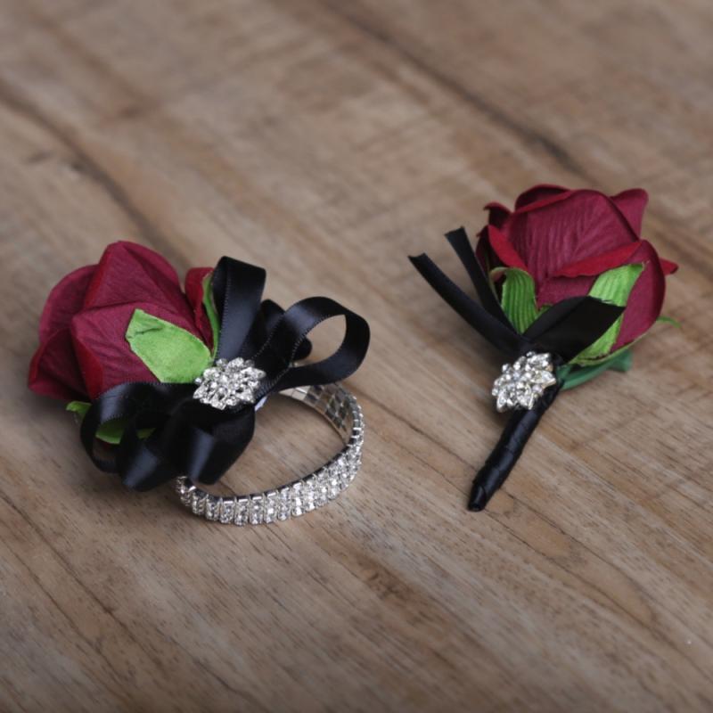 ウェディング 新郎新婦兼用 手作り コサージュ リストレット ブローチ ワインレッド バラ 造花 結婚式 ..