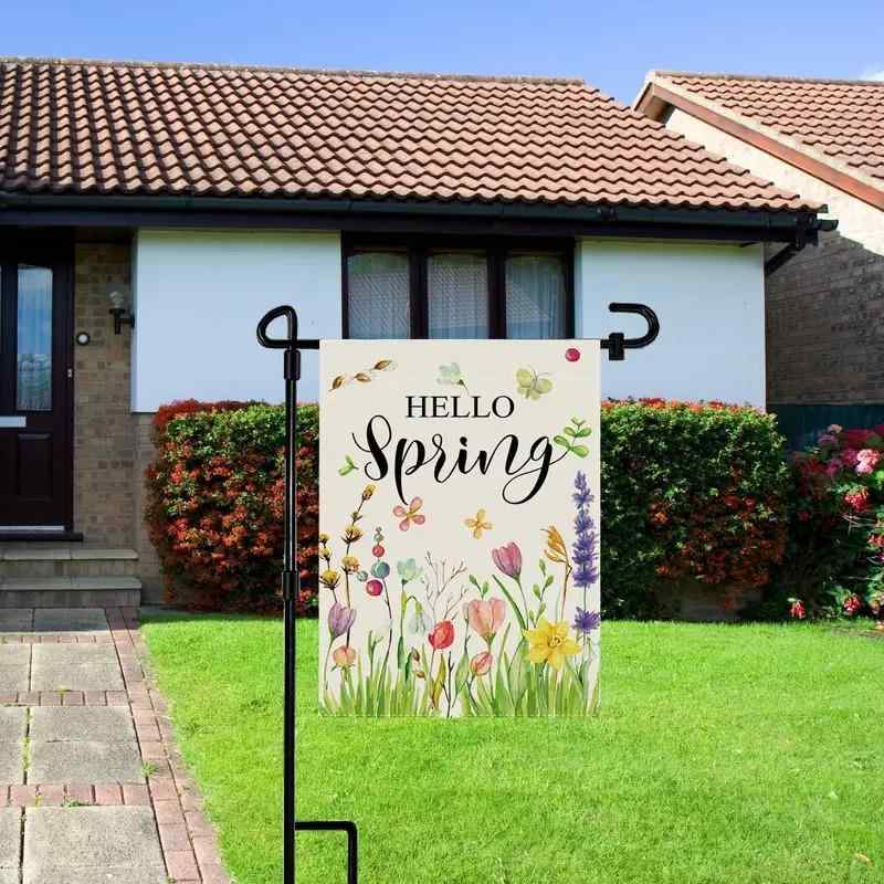 ガーデンフラッグ ウェルカム 春 フラワー バタフライ 花柄 プリント 庭園 ベランダ テラス 玄関先 パーティー イベント 屋外装飾 デコレーション ポリエステル製(x2)
