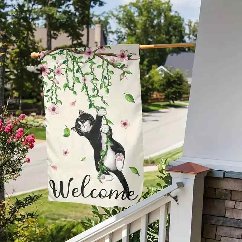 ガーデンフラッグ 春夏 花柄 子猫プリント 庭園装飾 ポリエステル製 耐候性 屋外用 カラフル 多用途 パ..