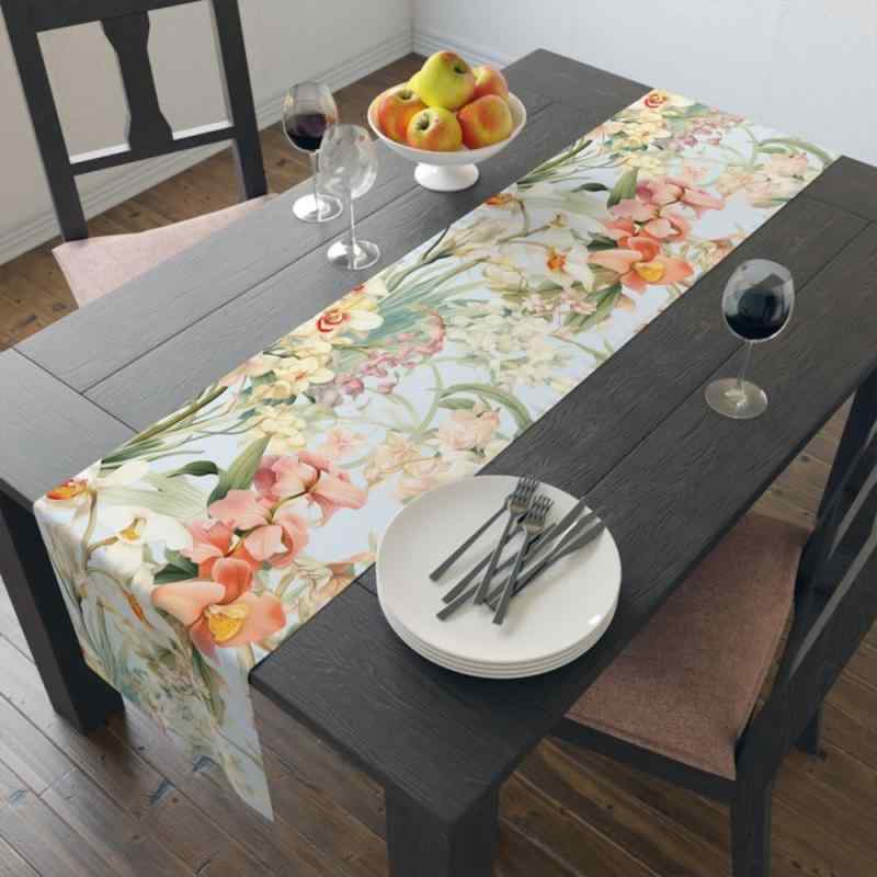 テーブルランナー ラン ユリ 花柄 プリント ポリエステル製 モダン シンプル 春夏 ダイニング リビング..