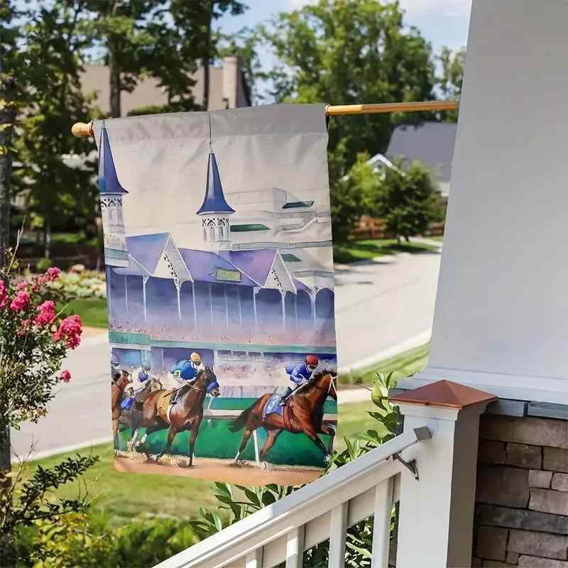 ガーデンフラッグ ポリエステル製 チャーチルダウンズ競馬デザイン 屋外 イベント パーティー装飾 フェ..