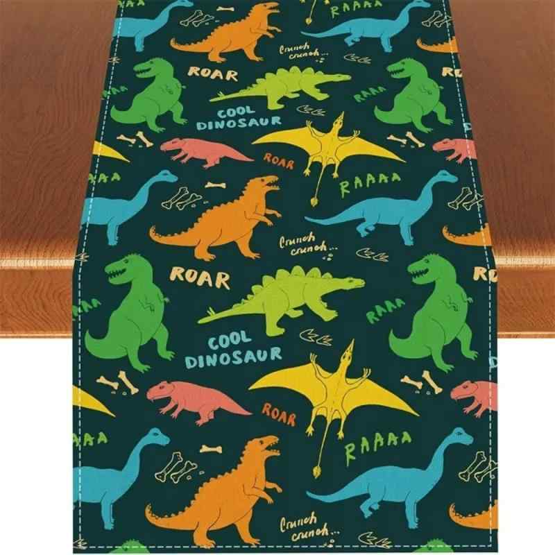 テーブルランナー カートゥーン 恐竜柄 カラフル プリント ポリエステル製 モダン シンプル ダイニング..