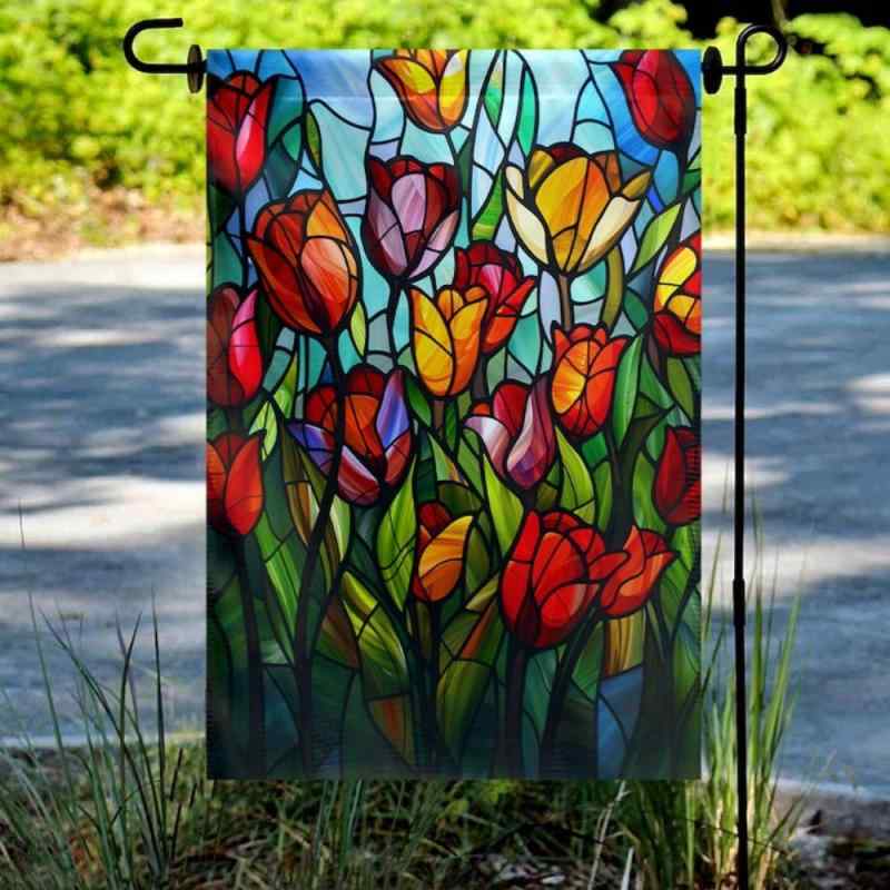 ガーデンフラッグ チューリップ柄 ガラス調プリント 庭園用 パーティー用 ポリエステル製 多色展開 デ..