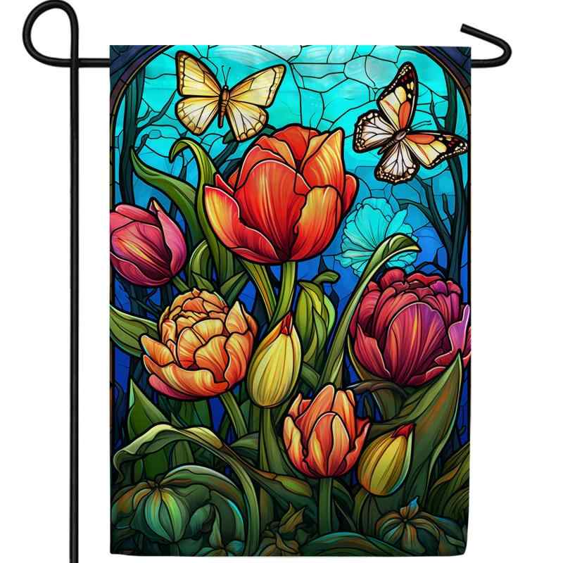 ガーデンフラッグ レトロ チューリップ バタフライ プリント 庭 屋外 パーティー 装飾 おしゃれ かわい..