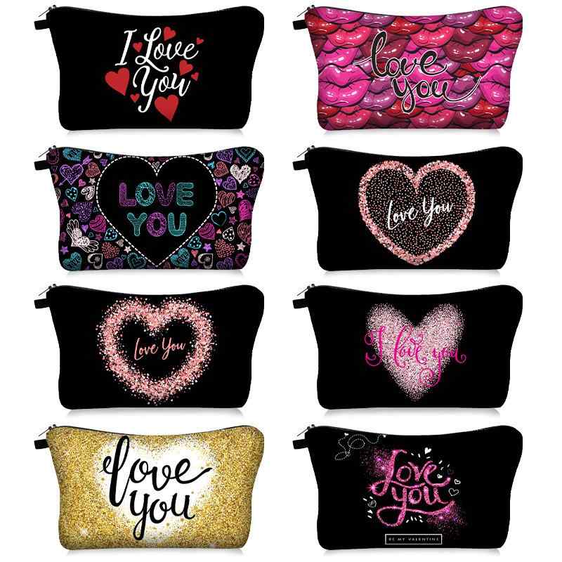 化粧ポーチ レディース 防水 超軽量 デジタルプリント ファスナー バレンタイン ハート柄 アルファベット 幾何学模様 クラッチバッグ メイク コスメ 収納 ポリエステル コンパクト