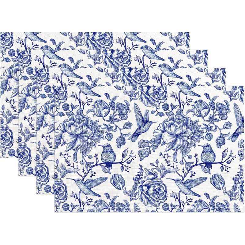 ランチョンマット ブルー ホワイト 花鳥柄 線画風 ポリエステル素材 洗える 食卓 キッチン ダイニング パーティー おしゃれ インテリア アメリカンスタイル(x4)