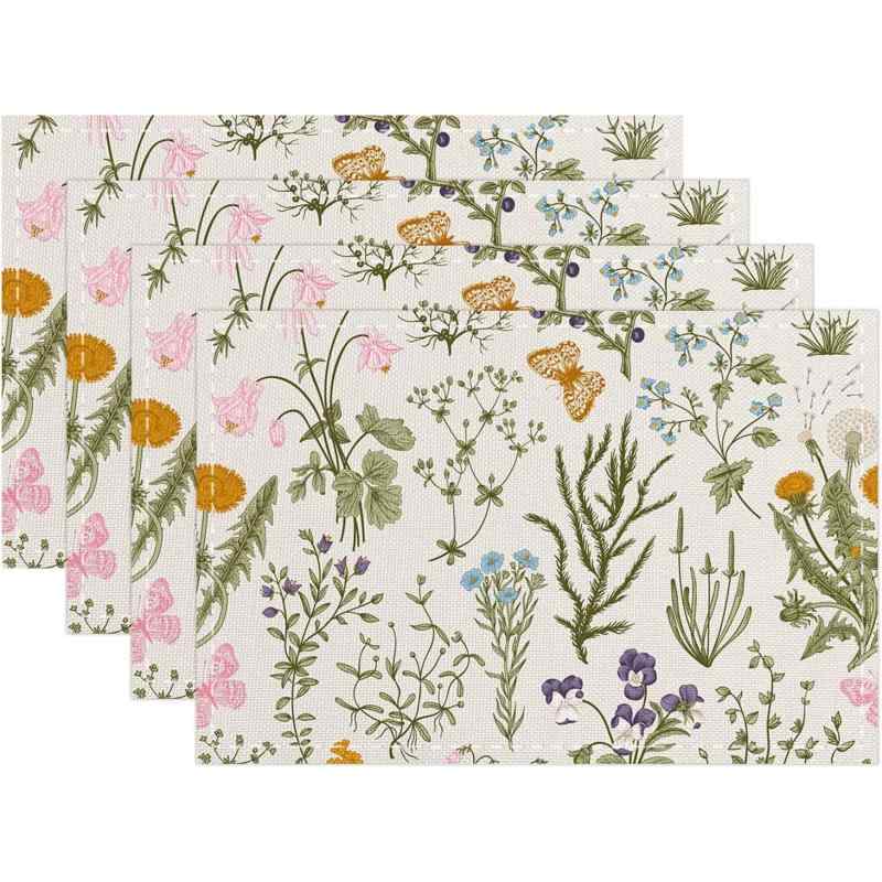 ランチョンマット 春夏 野花柄 フラワー 季節のパーティー用 キッチン ダイニング 食卓 テーブルウェア ポリエステル製 洗える お手入れ簡単 おしゃれ 華やか 北欧スタイル インテリア雑貨(x4)