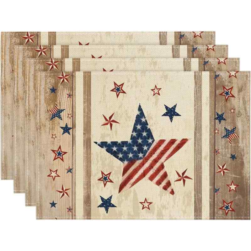 ランチョンマット 洗える ポリエステル製 スター 星柄 ストライプ ボーダー 木製 ウッド調 アメリカン 愛国モチーフ 独立記念日 パーティー イベント キッチン ダイニング 食卓 テーブルウェア(x4)