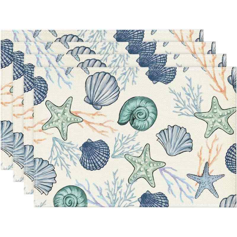 ランチョンマット 春夏 ヒトデ柄 海藻柄 パーティー用 ポリエステル素材 アメリカンデザイン おしゃれ 来客用 リビング ダイニング カフェ 業務用 30x45cm(x4)